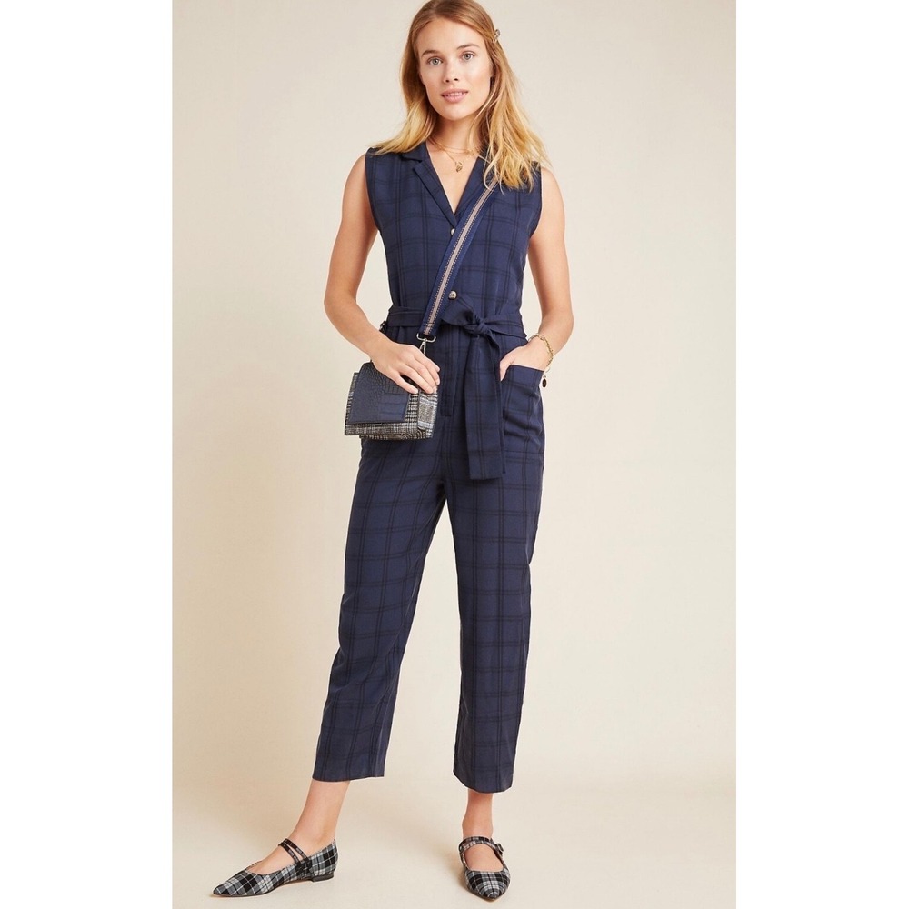 Anthropologie Navy Plaid Sleeveless Jumpsuit